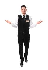 Wall Mural - Full length portrait of happy receptionist in uniform on white background