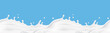 Milk splash seamless pattern isolated on blue background. 3d realistic yogurt wave border. Vector milky package design