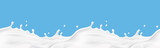 Milk splash seamless pattern isolated on blue background. 3d realistic yogurt wave border. Vector milky package design