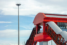 Overpass With Red Roof Pedestrian Crossing Red Gated Walking Path Bridge