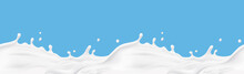 Milk Splash Seamless Pattern Isolated On Blue Background. 3d Realistic Yogurt Wave Border. Vector Milky Package Design