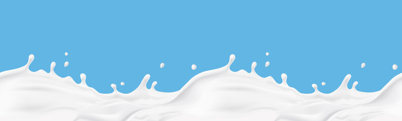 milk splash seamless pattern isolated on blue background. 3d realistic yogurt wave border. vector mi