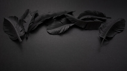 Details of black feathers cut out of paper, abstract dark background