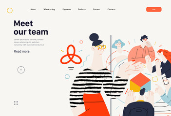 Technology Memphis - Meet our team - modern flat vector concept digital illustration team metaphor, company presentation. Business workflow and team management Creative landing web page template