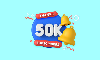 Poster - Thank you 50 thousand subscribers. Social media influencer banner. 3D Rendering
