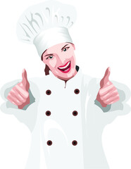 Wall Mural - A woman chef wearing a white coat and a kitchen hood on her head while smiling 