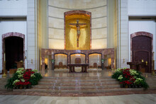 Crucifix Above Altar In The Sanctuary Of The Co-Cathedral Of The Sacred Heart Catholic Church In Downtown Houston, Texas