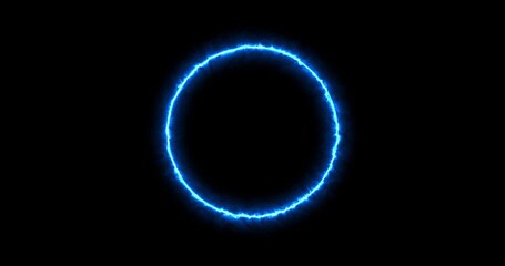 blue neon ring of lightning, energy on a black background. 3d image Abstract energy circle with lightning discharges. Gradually, a blue ring appeared and a constant glow in the circle.