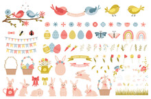 A Set Of Cute Decorative Elements For Easter And Spring. Flowers, Birds, Eggs, Easter Bunnies, Rainbows. Collection Of Cartoon Decorative Elements. Vector Illustration Isolated On A White Background.