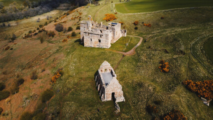 Aerial view of Crichton Castle in Midlothian, Scotland, UK