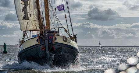 Canvas Print - Sailing ship in the sea against the cloudy sky.