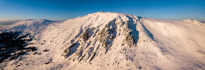 Wall Mural - Panoramic drone view of the Vitosha mountain during sunrise in Sofia, Bulgaria