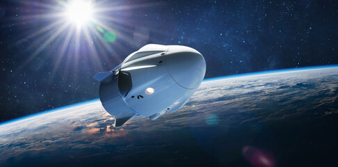 Poster - Spaceship flight from Earth. Spacecraft in space. Dragon with astronauts on orbit. Expedition to ISS space station. Sci-fi high quality wallpaper. Elements of this image furnished by NASA
