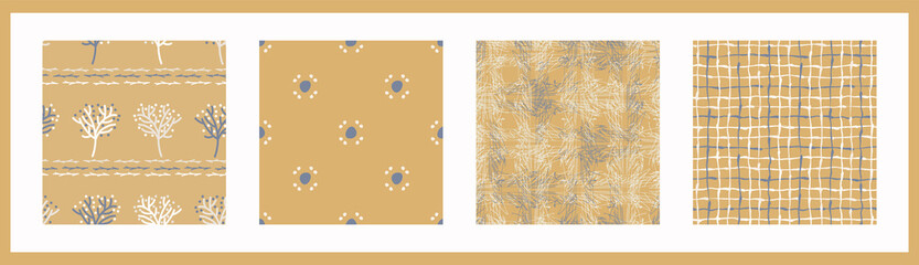 French yellow linen seamless pattern set. Tonal farmhouse cottage style background. Simple vintage rustic fabric textile effect. Primitive modern shabby chic kitchen cloth design group. 