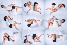 Top View Of Woman In Different Sleep Positions. Tossing And Turning At Night. Insomnia, Sleeping Problems Or Sleep Disorders