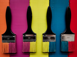 Poster - Top view of Colorful paint brushes on colorful background