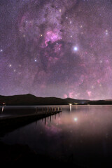 Wall Mural - Space of the universe, Beautiful panoramic view of the lake and mountain with Milky Way galaxy