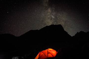 Wall Mural - Scenic view of a tent under a starry sky at night