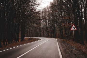 Wall Mural - Bendy road going through a forest and a traffic sign on the side of the road