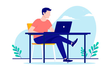 Poster - man working on laptop computer at desk. flat design vector illustration with white background