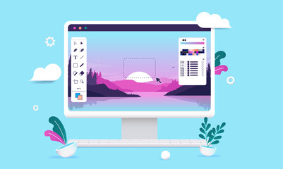 Aufkleber - Photo editing on desktop computer - Photo editor and graphic design software with user interface and beautiful landscape image. Vector illustration.