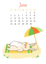 Calendar 2023 With Rabbit, Calendar Page June Planner Organizer. Bunny Lying On Beach Under Umbrella. Character Mascot Symbol Year. Cartoon Template, Hare Outline Design Template, Month Poster Vector