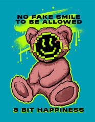 Fototapete - street art graffiti style teddy bear illustration and happy emoticon with slogan print design