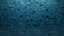 3D, Blue Patina Mosaic Tiles Arranged In The Shape Of A Wall. Polished, Square, Bricks Stacked To Create A Glazed Block Background. 3D Render
