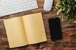 © weedezign - top view  wood table with notebook and mobile wiht computer at home
