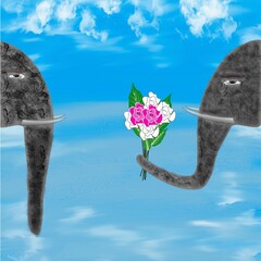 elephants sending flowers to each other, peace concept, forgive, encouragement, cartoon, illustratio