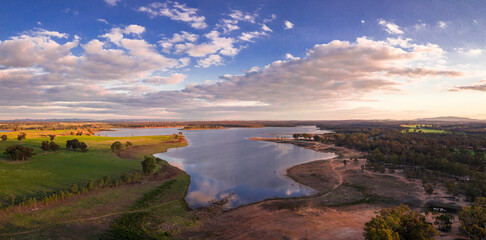 Lake Eppalock at Sunset. Central Victoria water catchment near Bendigo and Heathcote. Blue skies, landscape aerial view with farming land.