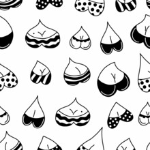 Breast boobs doodle seamless pattern. Hand drawn female breasts in different underwear. Bodypositive. Love your body. Breast cancer. Stock black and white vector illustration.