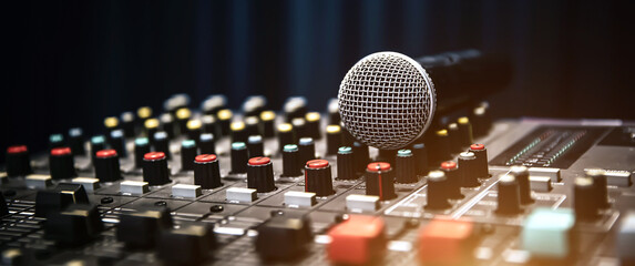 Close-up microphone and sound mixer in studio for sound record control system and audio equipment and music instrument