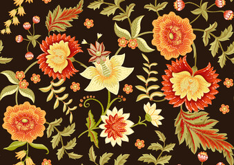 Wall Mural - Seamless pattern with stylized ornamental flowers in retro, vintage style. Jacobin embroidery. Colored vector illustration on brown background.