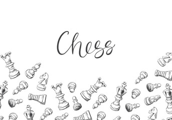 Banner with chess pieces. Background of the intellectual game. Hand-drawn vector illustration for a chess club, tournaments banner, frame, brochure background