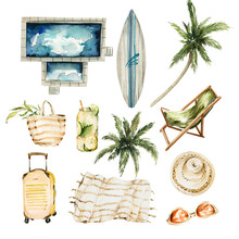 Watercolor Summer Trip. Hand Painted Travel Set -swimming Poll, Palm Tree, Coctails, Hat , Suitcase, Surf Ocean Scene Isolated On White Background. Illustration For Map Creator, Invitation,voyage