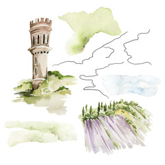 watercolor summer landscapes. hand painted green landmark, road, houses, tree, sky village scene iso