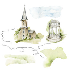 watercolor summer landscapes. hand painted green landmark, road, houses, tree, sky village scene iso