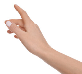 Wall Mural - woman holding something on white background, closeup of hand