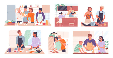 Set of scenes with people cooking food