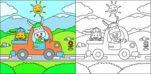 Wall Mural - Coloring book or coloring page cartoon donkey driving a car