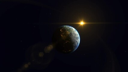 Wall Mural - sunrise and shadow on the earth rotate in space with the sun and star in universe. world realistic a