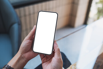 Wall Mural - Mockup image of a woman holding and using mobile phone with blank desktop screen