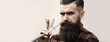 © Volodymyr - Hairdresser scissor and man retro razor. Bearded man, bearded male. Portrait of stylish man with classic long beard. Barber scissors, barber shop. Vintage barbershop. Banner for hair salon.