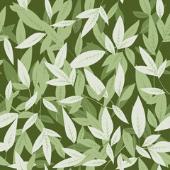 Naklejka na meble Hand drawn vine plant in light green on a dark background  seamless pattern of leaves in layers with shadows in a floral nature vector design.
