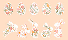 Set Easter Eggs And Rabbits In Pastel Colors. Illustrations Silhouettes Bunnies With Flowers And Abstract Pattern. Vector