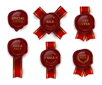 Seal label with red ribbon, special offer, mega sale, first price text on retro emblem