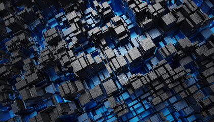 Poster - Futuristic Blue and Black squares extruded abstract background , 3d rendering