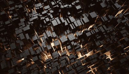 Poster - Futuristic Gold and Black squares extruded abstract background , 3d rendering