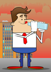 Wall Mural - Simple retro cartoon of a businessman drinking water from a glass bottle. Professional finance employee white wearing shirt with red tie.